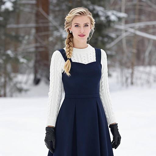 Woman in Navy Dress and White Sweater in Snowy Forest