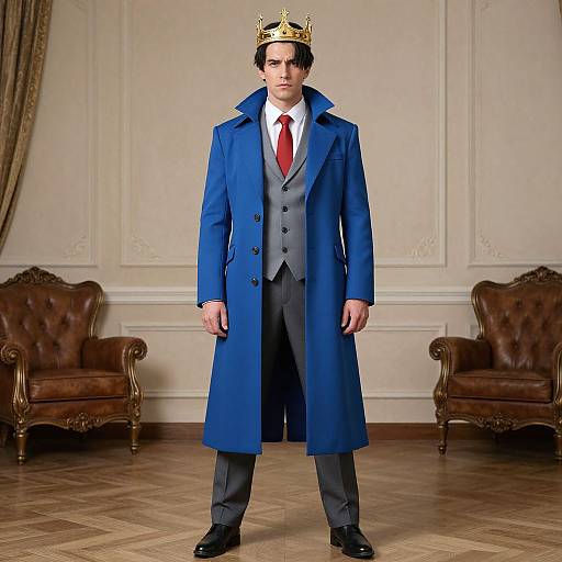 Photograph of a man in a blue coat, white shirt, red tie, gray vest, black pants, black shoes, and golden crown, standing
