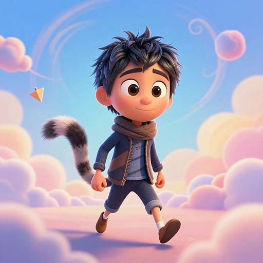 Pixar-Style Animated Boy with Tail Walking in Sky