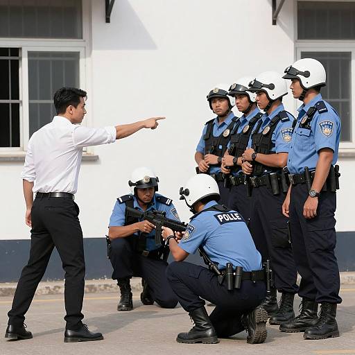 Man Confronting Police Officers in Blue Uniforms