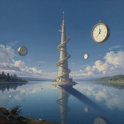 Digital painting of a clock tower on a lake, surrounded by floating clocks, with a winding snake and clear blue sky.