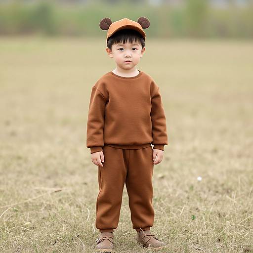 Photograph of a young Asian boy standing in a grassy field, wearing brown bear onesie, hat with bear ears, and brown shoes.