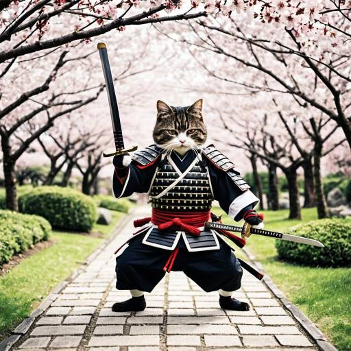 Charismatic Samurai Cat in Cherry Blossom Garden