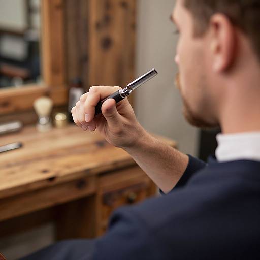Photograph of a man with a trimmed beard, wearing a black barber's cape, holding a trimmer, standing in front of a wooden vanity.