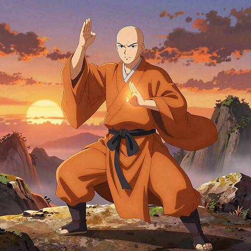Digital anime drawing of a bald, focused man in an orange martial arts gi, striking a fighting pose at sunset on rocky terrain.