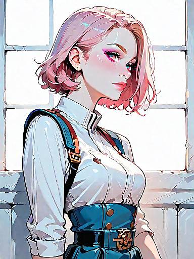 Stylish Woman in White and Navy Outfit by Window