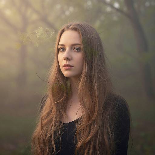 Photograph of a young woman with long, wavy brown hair, wearing a black top, standing in a misty forest, with soft light filtering