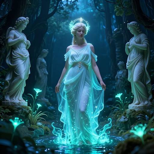 Digital artwork of a glowing, ethereal woman in a flowing white dress, surrounded by blue flames, flanked by two statues, in a dark,