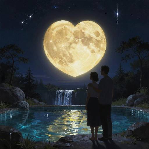 Silhouetted couple standing by a moonlit pool, gazing at a glowing, heart-shaped full moon, with a waterfall in the background.