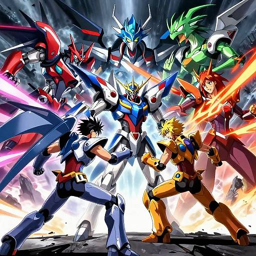 Dynamic digital anime artwork of six colorful, powerful mecha warriors in action poses, emitting energy beams, standing in a dramatic, explosive background.
