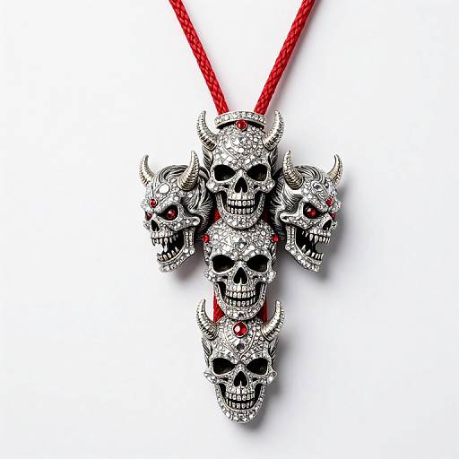 Photograph of a silver, six-skull pendant with intricate detailing and red gem eyes, hanging from a red cord, set against a white background.