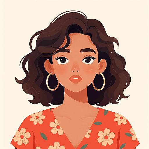 Digital illustration of a young woman with wavy dark brown hair, large hoop earrings, and a red floral dress, looking straight ahead.