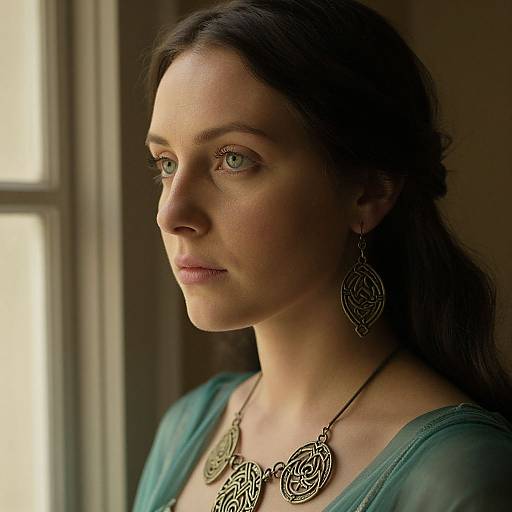 Photograph of a fair-skinned woman with green eyes, dark hair, wearing a teal top and ornate necklace, looking thoughtfully out a window