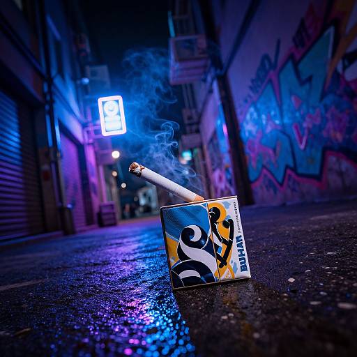 Photograph of a lit cigarette in a colorful Marlboro pack on a wet, graffiti-covered urban alley at night, with neon lights in the background.