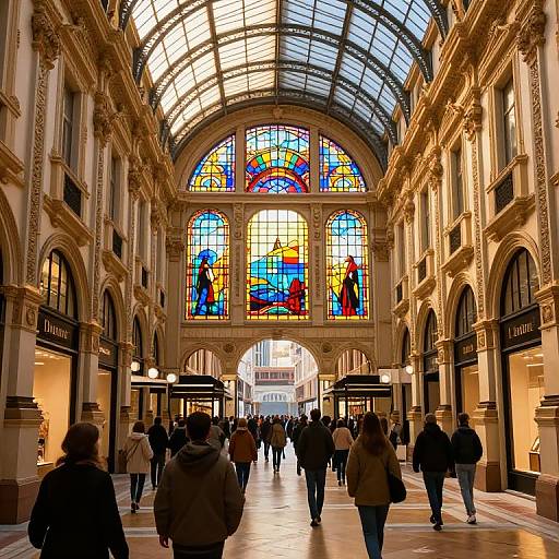 Photograph of a grand, arched shopping mall with colorful stained glass windows, ornate columns, and bustling shoppers in winter clothing.