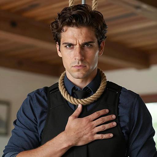 Serious man with noose around neck indoors