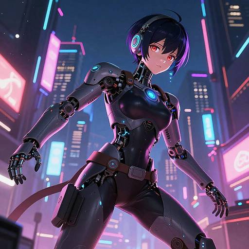 Digital anime-style artwork of a cybernetic woman with black hair, glowing red eyes, and neon-lit cityscape background. She wears a black