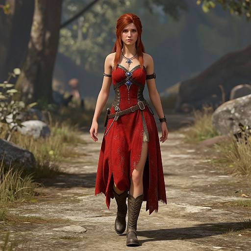 CGI image of a red-haired woman in a red, lace-trimmed dress and black boots, walking on a forest path.