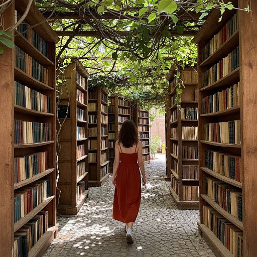 Photograph of a woman with curly brown hair in a red dress walking down a sunlit, leafy library aisle lined with wooden bookshelves.
