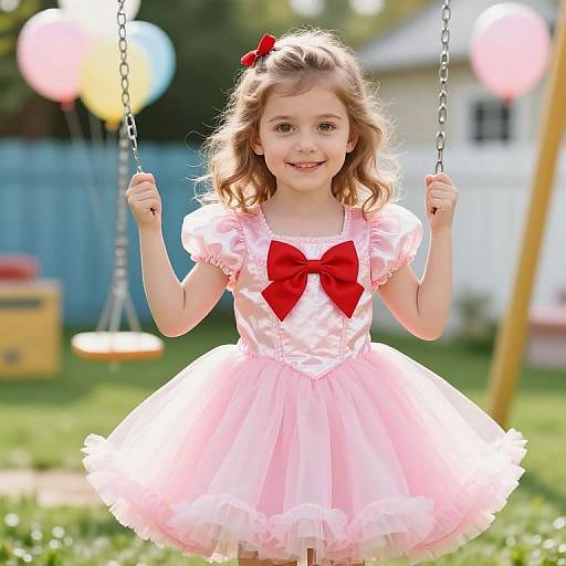 Photograph of a smiling young girl with wavy brown hair, wearing a pink tulle dress with a red bow, sitting on a swing in a