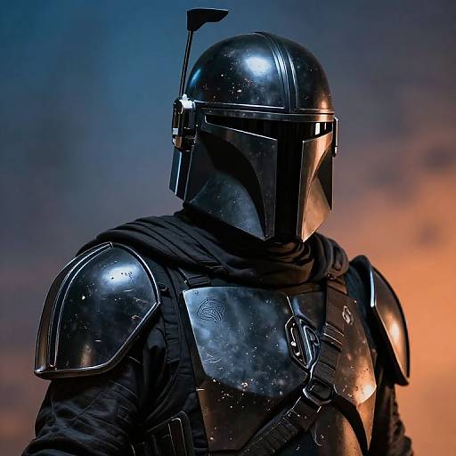 Photograph of a gleaming, dark metallic Mandalorian armor with a visor, set against a dramatic, orange-and-blue sunset sky.