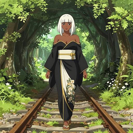 Digital anime-style drawing of a white-haired woman in a black kimono with gold accents, walking down a forested railway path.