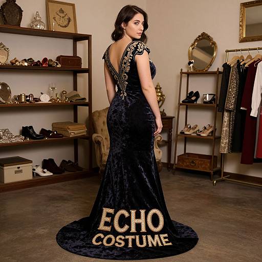Photograph of a brunette woman in a black, velvet, backless evening gown with gold embroidery, standing in a stylish dressing room with shelves, shoes