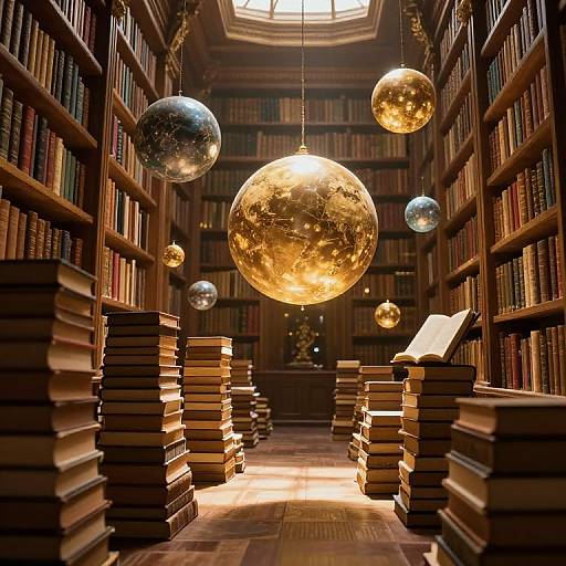 Photograph of a dimly lit library with wooden bookshelves, stacks of books, and three large, glowing, mirrored spheres hanging from the ceiling