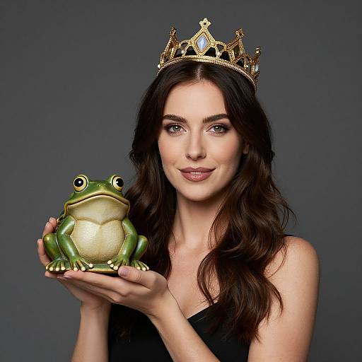 Photograph of a fair-skinned woman with long brown hair wearing a golden crown, holding a green, cartoon-style frog against a dark gray background.