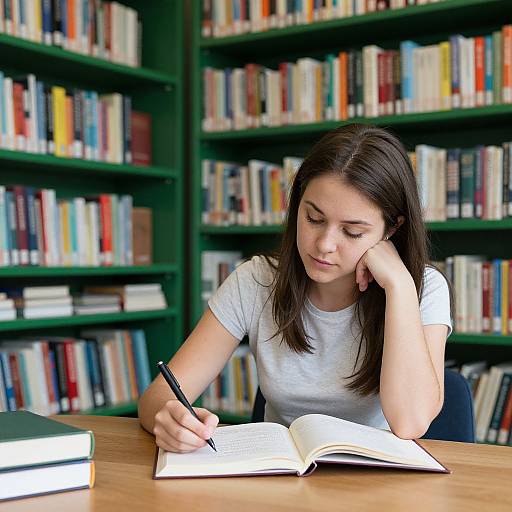 Photograph of a focused young woman with long brown hair, wearing a white t-shirt, writing in an open book at a library table with colorful book