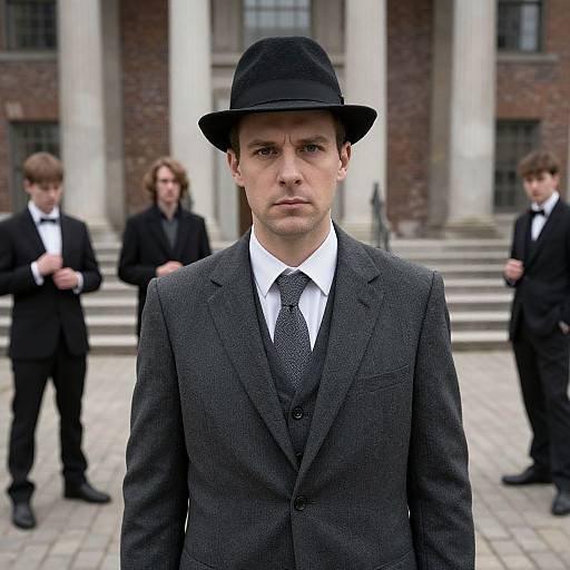 Photograph of a serious-looking man in a black suit, tie, and hat, standing in front of a brick building with columns, flanked by