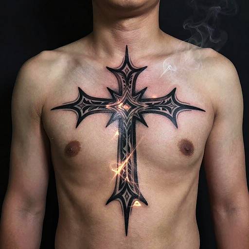 Photograph of a shirtless, light-skinned man with a large, black, intricate, starburst-style cross tattoo on his chest, set against