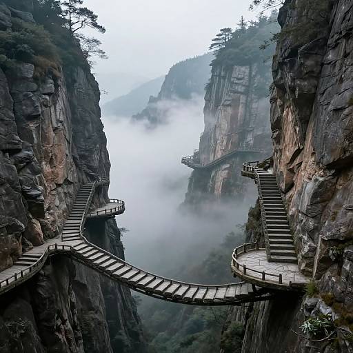 Misty Cliffs with Floating Staircases