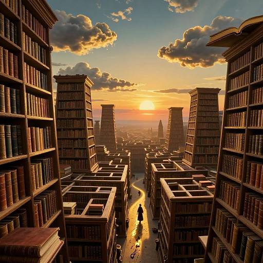 Digital painting of a sunset over a city of towering book-filled buildings, with two central skyscrapers and a silhouetted figure below. Golden