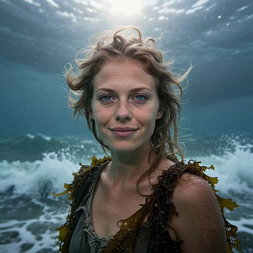Photograph of a smiling, blue-eyed, blonde-haired woman with seaweed in her hair, underwater, with sunlight filtering through the waves.