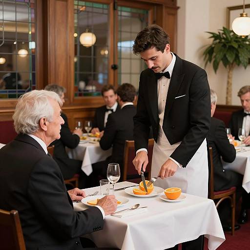 Charming Restaurant Scene with Waiter and Diner