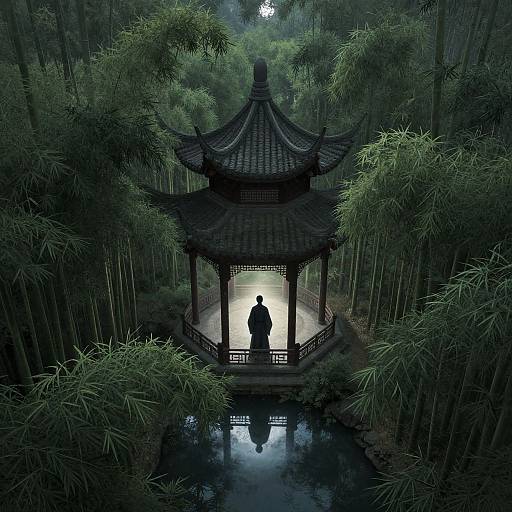 Photograph of a dark, traditional Chinese pavilion with a silhouetted person, surrounded by dense, lush bamboo forest, reflected in a calm