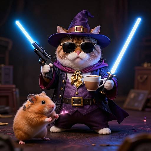 Digital artwork of a cat in a wizard costume, sunglasses, holding a gun and cup, with a hamster, blue laser lights, and dark background