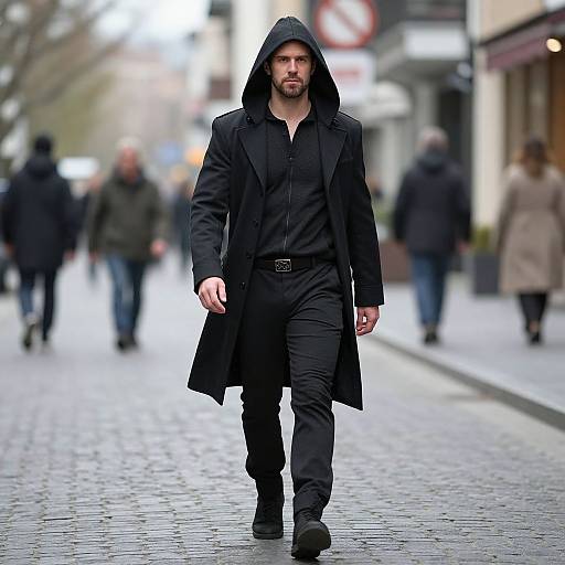 Photograph of a bearded man in a black hooded coat and pants, walking down a blurred, cobblestone street with pedestrians.