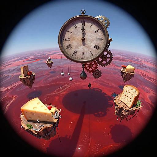 Digital surreal artwork: floating cheese slices, clock with gears, blood-red background, blue sky, and shadow, set in a dreamlike, fantastical