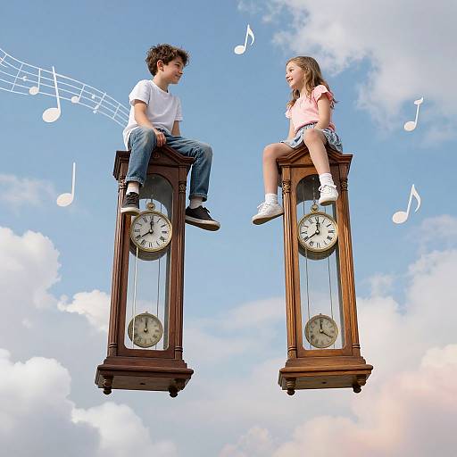 Photograph of a boy and girl sitting on floating, wooden grandfather clocks with musical notes, against a blue sky with clouds.