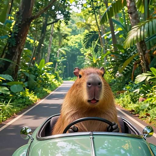 Photograph of a cute, brown agouti sitting in a green convertible on a sunlit, leafy jungle road with lush greenery on both