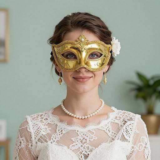 Photograph of a smiling woman with brown hair in an updo, wearing a gold masquerade mask, white lace dress, pearl necklace, and
