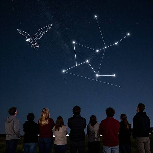 Photograph of a starry night sky with a constellation and outlined bird, viewed from behind a group of six people in dark clothing.