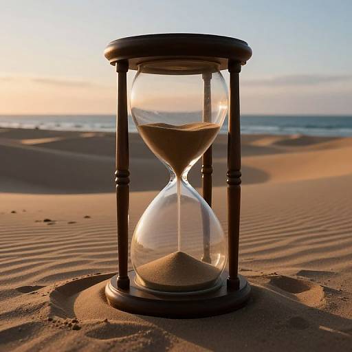 Photograph of a wooden hourglass on a sandy beach at sunset, with sand flowing from top to bottom, casting shadows on the sand. Ocean and