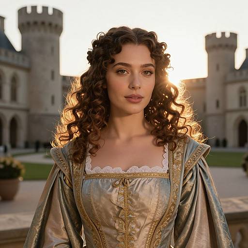 Photograph of a brunette woman with curly hair in an ornate Renaissance-style dress, standing in front of a sunlit castle.