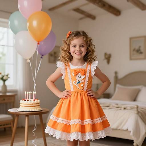 Photograph of a smiling young girl with curly brown hair in an orange dress with white lace, standing in a bright bedroom with balloons and a birthday cake