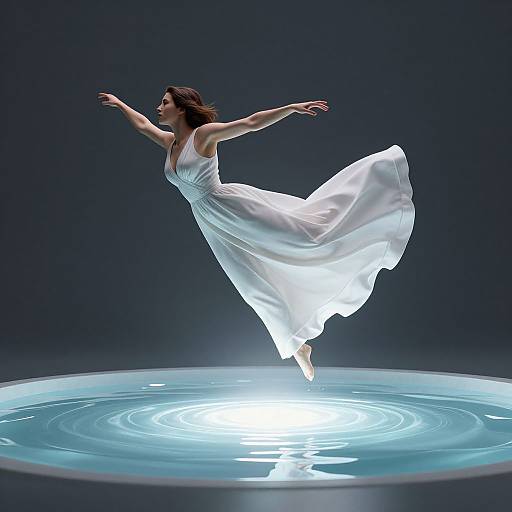 Photograph of a woman in a flowing white dress, mid-jump, above a glowing circular light on a dark background.