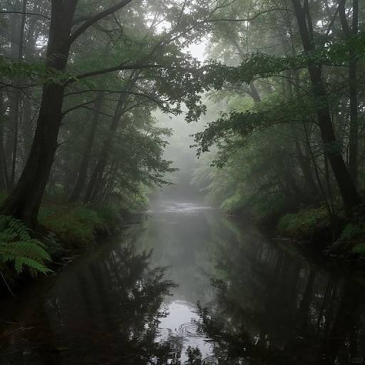 Photograph of a misty, tranquil forest stream with tall, leafy trees arching over, reflecting in the still water, creating a serene,