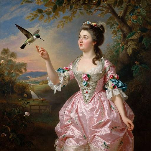 18th-century painting of a fair-skinned woman in a pink, floral-embellished dress, feeding a hummingbird in a lush, sunset